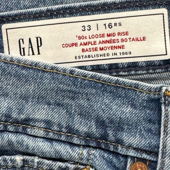 Gap sz 16 / 33 Jeans 90's Loose Mid Rise Raw Hem Distressed Hem Slit Blue Denim - Picture 7 of 7